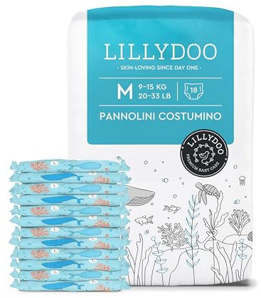 LILLYDOO hautfreundliche Einweg-Schwimmwindeln für Babys, Größe M (9-15 kg), 1 Packung (18 Stück) mit Unterwasser-Design, Windeln für sicheren Schutz im Wasser