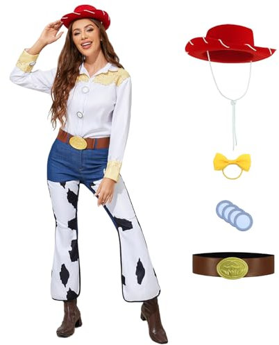 GAUWEAN Jessie Kostüm für Damen, klassisches Cowgirl, Halloween, Cosplay, Hippie-Outfit, Erwachsene, Jessie, Hemd, Hut, Hose, Gürtel, Set, Größe XL