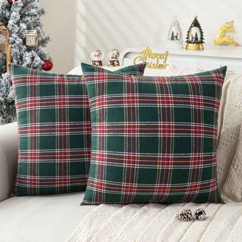 Jayusaror Kissenbezug 50x50 Weihnachten Kissen Kissenhülle Grün Rot Kariert Weihnachtskissenbezüge Plaid Schottischen Tartan Kopfkissenbezug Weihnachts Kissenbezüge für Sofa Wohnzimmer 2er Set