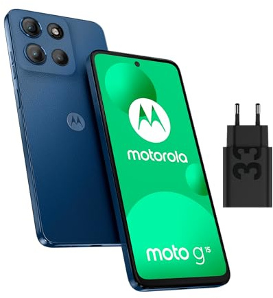 Motorola Moto g15 Débloqué 8+256 Go – Écran 6,72 Full HD, Caméra 50 MP, Batterie 5200 mAh Haute Capacité – Bleu Marine + Chargeur Rapide 33W, Câble USB-C & Coque de Protection Inclus