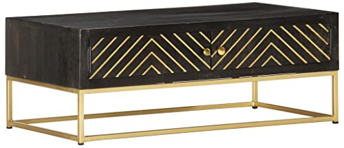 YuuSsea Couchtisch Schwarz Golden 90x50x35cm, Massivholz Mango, Retro-Stil, poliert, gestrichen, lackiert, für Wohnzimmer, stabile Tischplatte