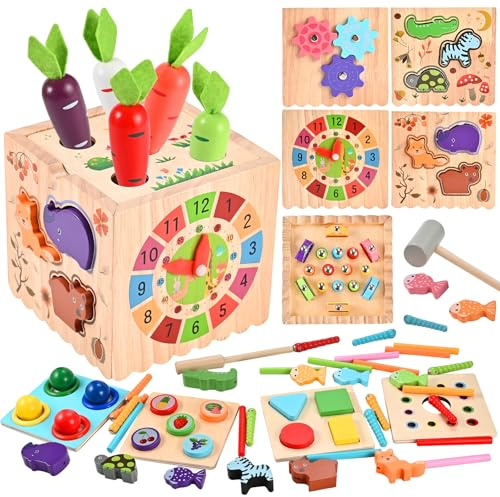 Wooderma Motorikwürfel 10-in-1 Motorikspielzeug ab 1 Jahr, Aktivitätswürfel Baby Spielzeug, 60 Pcs Kinder Holzspielzeug, Montessori Activity Center Lernspielzeug Steckwürfel Kinderspielzeug Geschenk