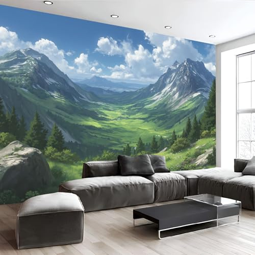 Fototapete Schlafzimmer Anime Landschaft Fantasy Tal 3D Druck Vliestapete, 150x105cm (B×H) Wandtapete Wandbilder, für Wohnzimmer, Kinderzimmer, TV Hintergrund Grün Tapete