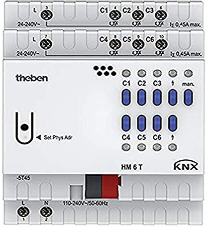 Theben 4940240 HM 6 T KNX 6-fach Heizungsaktor der FIX 2 Serie I 6 Kanäle I Steuerung thermischer Stellantriebe 24 - 240 V AC in 2 Gruppen mit je 3 Ausgängen I 4TE I DIN-Schiene