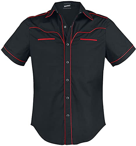 Banned Alternative Plain Trim Männer Kurzarmhemd schwarz/rot