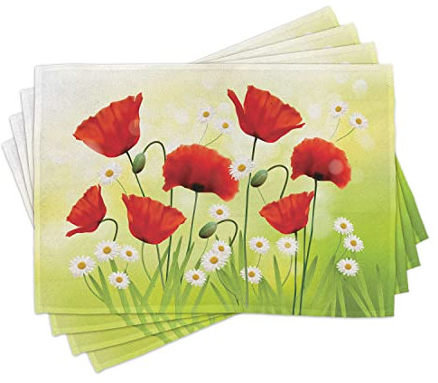 ABAKUHAUS Mohn Platzmatten, Frühlings-Umwelt mit Mohnblumen und Gänseblümchen auf Gras-blühender Natur-Illustration, Tiscjdeco aus Farbfesten Stoff für das Esszimmer und Küch, Grün Rot