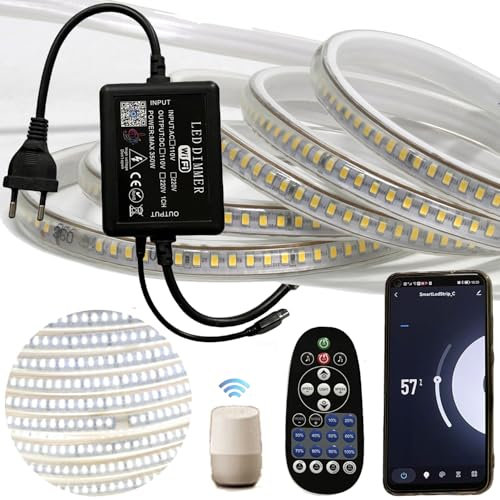 FOLGEMIR 15 Meter Dimmbar LED Band Kalt Weiß, WIFI/APP kontrolliert LED Streifen mit 220V Trafo & IR Fernbedienung, 2835 SMD 144 Leds/m, Timer, Musik, Wasserdicht IP65