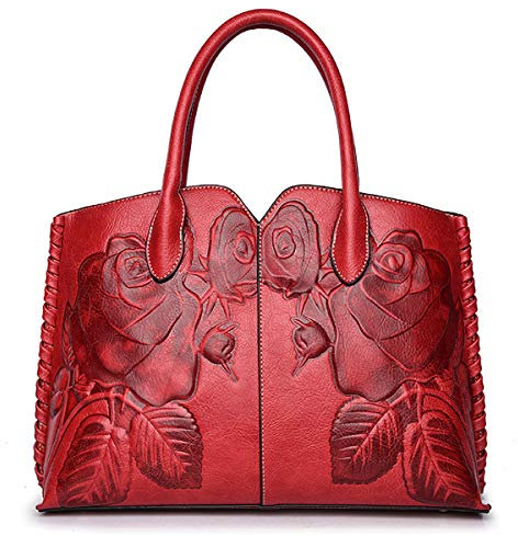 Coolives Damen Henkeltasche Klassische Blume Geprägt Handtasche mit Schulterriemen Schultertasche Umhängetasche Tasche Rot EINWEG