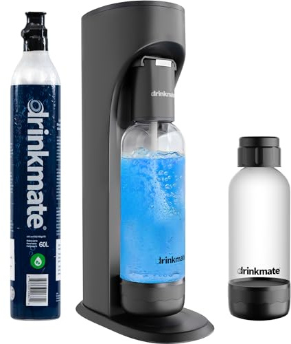 Drinkmate OmniFizz Sparkling Water Maker & Soda Streaming Machine | Carbonates Any Drink | SPECIAL BUNDLE | Includes 60L CO2 Cartridge + Two BPA-Free Bottles (Matte Black)