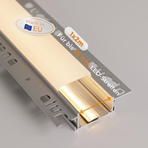 Alupona Kizar75 LED U-Trockenbauprofil eloxiert I 2 m x 4,1 cm x 1,85 cm I Profilleiste für LED Streifen bis 27 mm Breite I Perfekt für Rigipsplatten I Trockenbauschiene + Acryl Abdeckung milchig-weiß