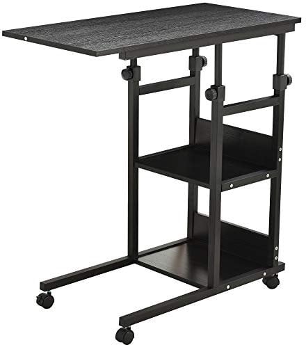 HOMCOM Mesa Auxiliar con Ruedas 80x40 cm Mesa para Sofá en Forma de C con Altura Ajustable 3 Niveles de 72-82 cm Marco de Metal para Salón Cocina Negro