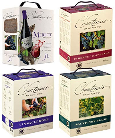 BIB 4 er Set Rot/Weiss/Rose -Cabernet-Sauvignon, Merlot, Cinsault, Sauvignon - Bag in Box Probierpaket, Box mit:4 Boxen