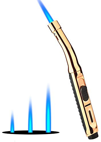 Yeuligo Torch Lighters, 7.6in Long Butane Lighter with Visible Window, Adjustable and Refillable Lighter for Kitchen Fireplace Camping Candle Grill BBQ Fireworks.Golden(Gas Not Included)