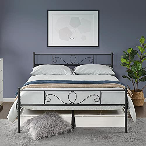 Yaheetech Double Metal Bed Frame with Headboard and Footboard, Solid Metal Slat Bed with Storage, for Adults and Teenagers, Fits for 140x190 CM Mattress, Black