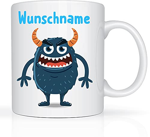 Print-Klex Tasse mit Namen und Grünen Monster Blau Motiv Bedruckt Namenstasse Namensbecher Monster für Jungen Kindertasse Keramiktasse Weiß Geschenktasse Spruchtasse mit Druck Kinder Tasse 330ml
