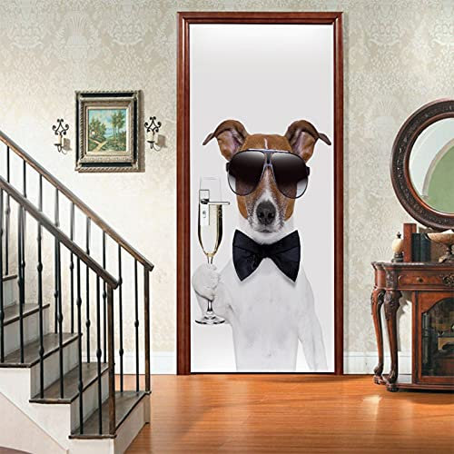A.Monamour Türtapete Selbstklebend Türfolie Türposter 3D Partyhund Toasten Mit Einem Glas Champagner Lustiges Tier Vinyl Folie Türdeko Tapete Wandbild Türaufkleber Türtattoo 90 x 200 cm