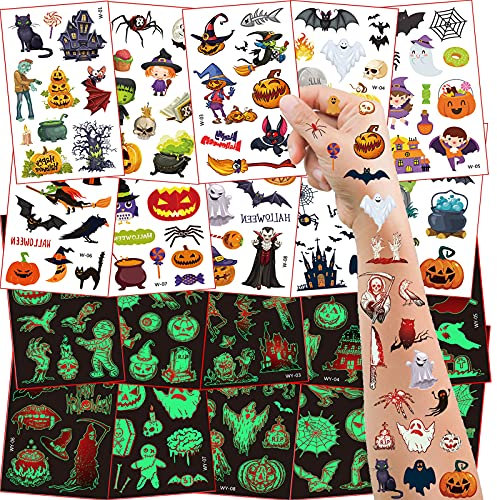 200+ Halloween Tatouage Enfant, Lumineux Ephemere Faux Tatouage Pour Halloween Decoration, Costume Visage Stickers, Maquillage Enfant Halloween Pinata Cadeau Fille Garcon