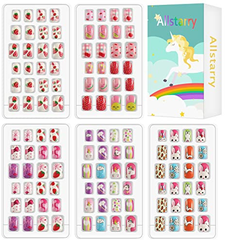 Allstarry 120pcs 5 pack Children Nails Press on Pre-glue Full Cover Glitter Gradient Color Rainbow Short False Nail Kits Lovely Gift for Children Little Girls Nail Art Decoration -Bunny Party