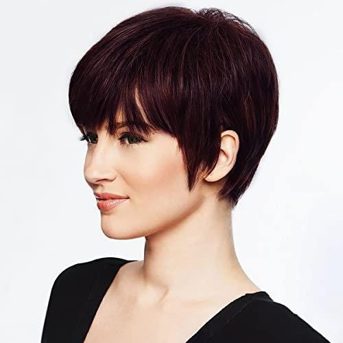 PHOCAS Short Wine Red Human Hair Wigs for Women with Bangs Short Hair Pixie Cut Wig Fashion None Lace Straight Wig