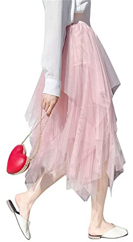 Geagodelia Jupe en Tulle Asymétrique Mi-Longue Taille Elastique Chic Tendance (Rose, Taille Unique)