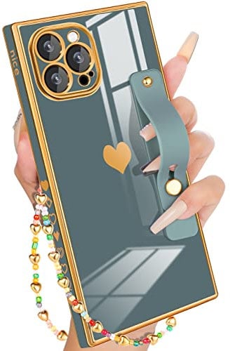 Petitian for iPhone 13 Pro Max Case with Stand/String, Luxury Cute Women Girls Heart Electroplated Designer Phone Cases for 13 Pro Max Grey Blue