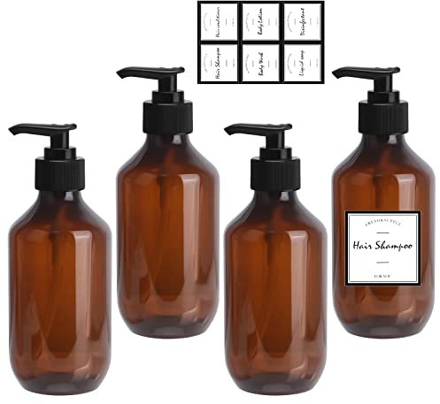 Distributeurs de Savon et de Lotion, 4Pcs Flacon Pompe Vide 300 ML, Distributeur de Shampoing et Gel Douche en PET avec Étiquette, Contenant Salle de Bain pour Huiles Essentielles, Lotions, Shampooing