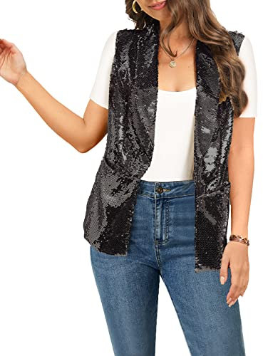IWFEV Damen Pailletten Blazer Langarm Sparkle Open Front Jacke Schalkragen Cardigan, Schwarz ärmellos, XL