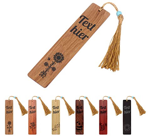 Lesezeichen Personalisiert Holz Gravur, OXYEFEI Bookmark mit Vintage Quasten Anhänger Geschenkbox Set 6 Stil Individuelles Text&Muster Geschenke für Lehrer Hebamme Freundin Männer Leseratten