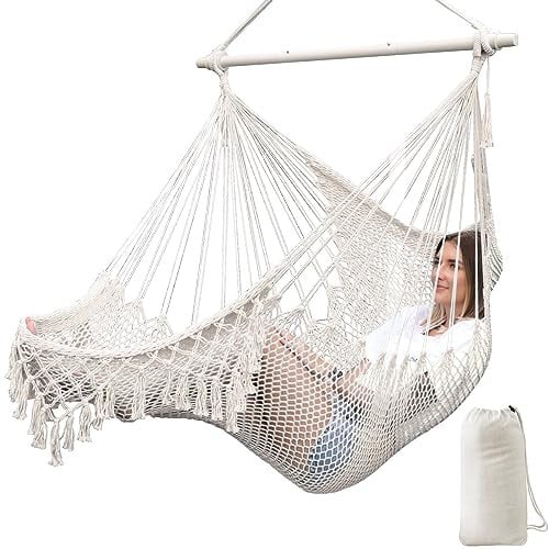 Chihee Columpios Hamaca Silla Súper Grande Silla Colgante Tejido de Cuerda de Algodón Hilado Suave Silla, Colapsable Fuerte Barra de Metal Spreader Asiento Ancho Encaje Stretch Swing Silla
