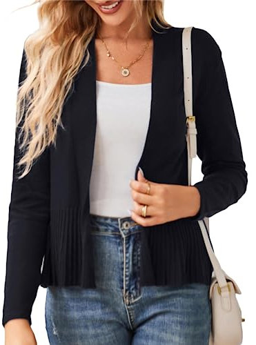 GRACE KARIN Damen Langarmstrick Lässig Stylich Gestrick Shrug Modern Einfarbig Bolero mit Rüschensaum Elegant Leicht Tops XXL Schwarz