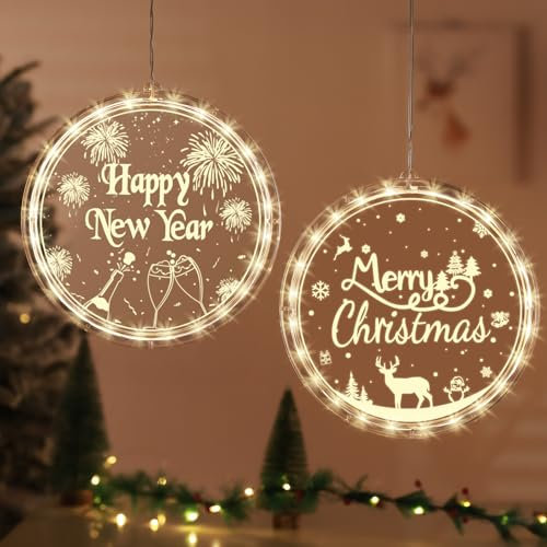 BLOOMWIN Décoration Lumineuse Noël Fenêtre - Lot de 2 Lumières Suspendues Joyeux Bonne Année - Guirlande Rideau Intérieur Chambre Maison Porte - 21cm, Blanc Chaud