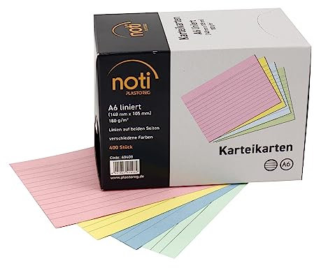 Karteikarten A6, 148 x 105mm liniert, farbig sortiert, 400 Stück in praktischer Spenderbox, für Vokabeln, als Lernkarten, Moderationskarten, Büro und Schule in 180g/m²