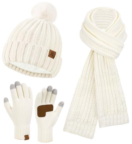 Damen Winter Warm Mütze Lang Schal Touchscreen Handschuhe Set, Wintermütze Beanie Strickmütze mit Bommel Schals Rutschfeste Winterhandschuhe mit Fleece Gefütterte Geschenk Frauen, Beige
