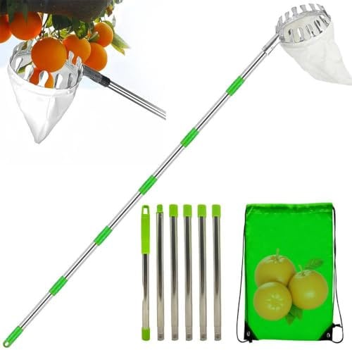 RATSTONE Recoge Frutas Telescopico,Recogedor De Frutas,4.2M Recogedor de fruta con mango telescópico, recogedor de fruta con mango telescópico ligero de acero inoxidable y bolsa de algodón