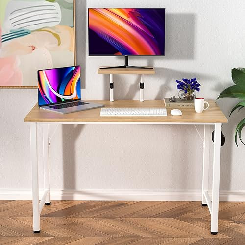 Scrivania Computer, Tavolo da Ufficio Salvaspazio, Scrivanie con Staffa per Alzata Staccabile+1 ganci, 100x50cm Tavolo da Lavoro Facile da Montare, Adatto per Ufficio Soggiorno Cameretta, Beige Desk