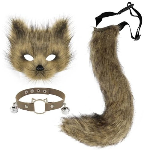 hbbhml Pelzige Katze Fuchs Maske Wolf Schwanz Karneval Halloween Party Kostüm Leder Hals Choker Zubehör Set für Erwachsene