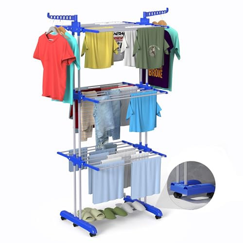 Bigzzia Wäscheständer, 170 cm, Wäscheständer mit faltbarem Boden, 4-stöckiger Edelstahl-Trockenständer, Kleidung, beweglicher Wäscheständer für drinnen und draußen, Blau