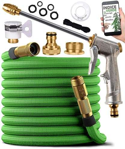Tubo Acqua Giardino Estensibile 15m - Pistola Multigetto in Metallo, Raccordi in Ottone, Adattatori 1/2” e 3/4” Inclusi - Canna Irrigazione per Giardino, Lavaggio Auto, Orto, Terrazzo, Prato