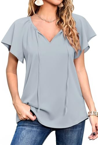 Neineiwu Oberteil Damen elegant Blumendruck V-Ausschnitt Kurzarm Shirts Lose Drawstring Damenblusen blusenrock Fashion Made in Italy blusen Damen elegant festlich Fashion Damen,Gray,L