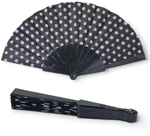 MIJOMA Faltbarer Handfächer - Ultraleicht, Wasserabweisend für Sommerparty & Hochzeit, Farbenfrohes Design, 42x23cm (Polka Dot Schwarz)
