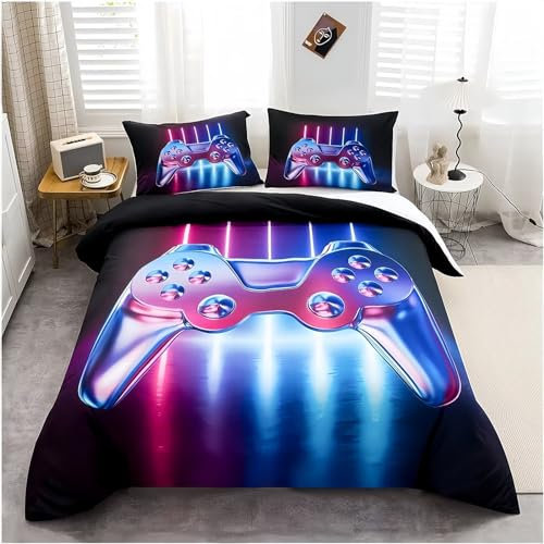 Tabeskly Gamer Gaming Jungen BettwäSche Kinder KinderbettwäSche Bed Duvet Cover Bedding Set Schwarz Lila Blau 135×200cm