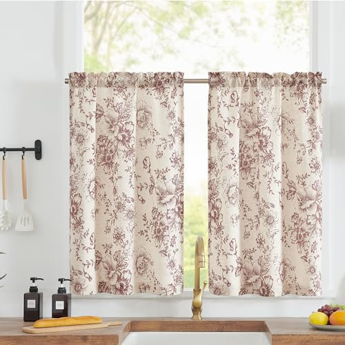 TOPICK Linen Blend Red Floral Kitchen Curtains 36 Inch Drop Small Cafe Curtains Light Filtering Short Curtain Tiers for Bathroom Cupboard Cabinet Sink Rod Pocket 2 Panels