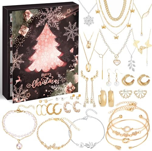 Schmuck Adventskalender Frauen 2024 Mädchen Weihnachtskalender, 24 Überraschungen - Armband Halskette Ohrringe, Countdown Kalender, Damen Schmuck Set, Weihnachten Geschenk für Damen Mädchen Teenager