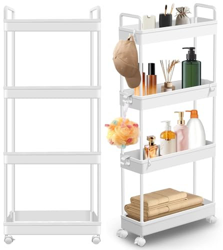 VickyHome Badregal Schmal 90,7 cm Groß Mini Regal，38.8x12.5x90.7cm Badezimmerregal Schmales Regal Bad mit 3 Haken Und 360° Drehbare Räder für Snacks, Mutter, Weiß