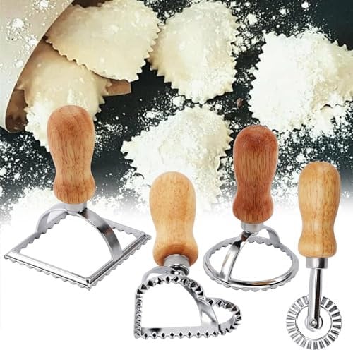 4Pcs Ravioli Stamp Maker Cutter, Ravioli Cutter Set with Wooden Handle and Fluted Edge Pasta Maker Mold with Pastry Cutter Wheel Kitchen Attachment for Making Ravioli Cookies Dumplings