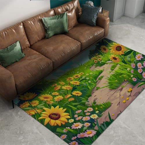 Via Vela Cartoon Anime Style Teppich 240x300cm - Landstraße mit rosa und weißen Sonnenblumen grünes Gras waschbarer Rutschfester dünner Teppich mit niedrigem Flor für Cafe