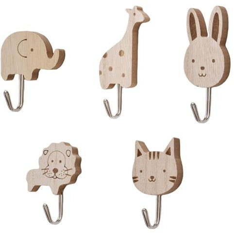 Wooden Animal Wall Hooks - 5pcs Animal Theme Decorations - Cats, Lions, Rabbits, Giraffes, Elephant Shapes - Kids Room, Nursery, Bedroom Decor