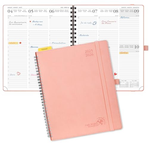 POPRUN Kalender 2025 2026 Wochenplaner (Aug.2025-Dez.2026) Ringbuch mit Softcover, ca. A4 (26,5 x 21,5 cm), 17-Monate-Terminplaner 1 Woche 2 Seite mit Zertifiziertem Papier - Rosa