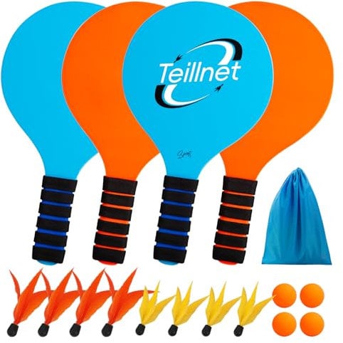 U&C Planet Beachball Set Paddle Ball Game Wooden Beach Bat Set Racket Game for Children&Family 4 Paddles 4 Balls, and 8 Birdies Toys for Garden Beach Party