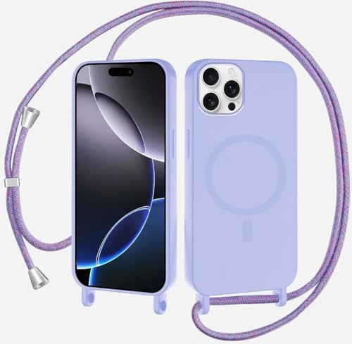 SLWYF Compatible with iPhone 15 Pro Wireless Charging, Shockproof Removable Phone Case with Strap Adjustable Neck Cord Necklace Soft Cover for iPhone 15 Pro, Light purple